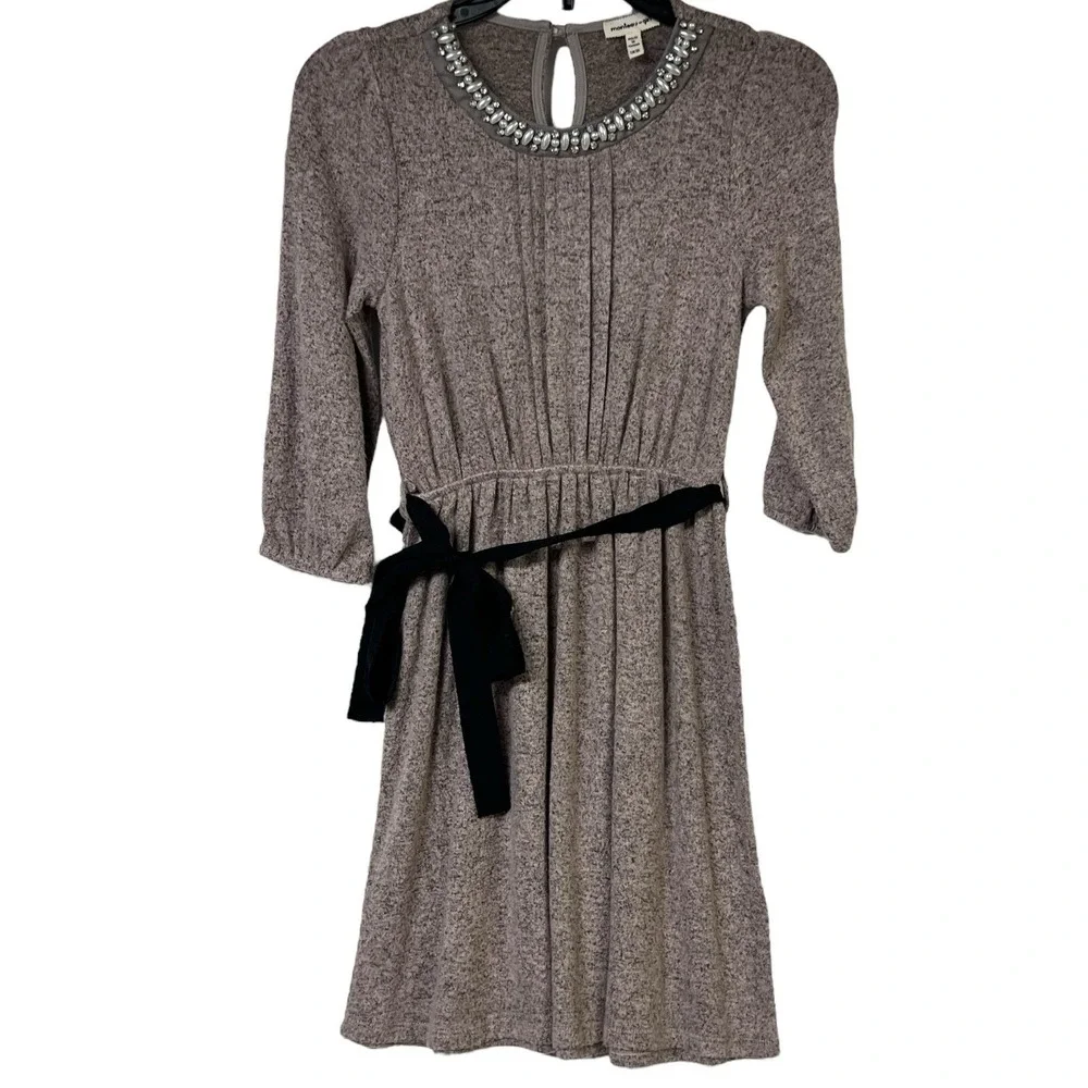 Monteau Girl Dress Heather Grey Embellished Neckline Tie Waist Pearls Rhinestone